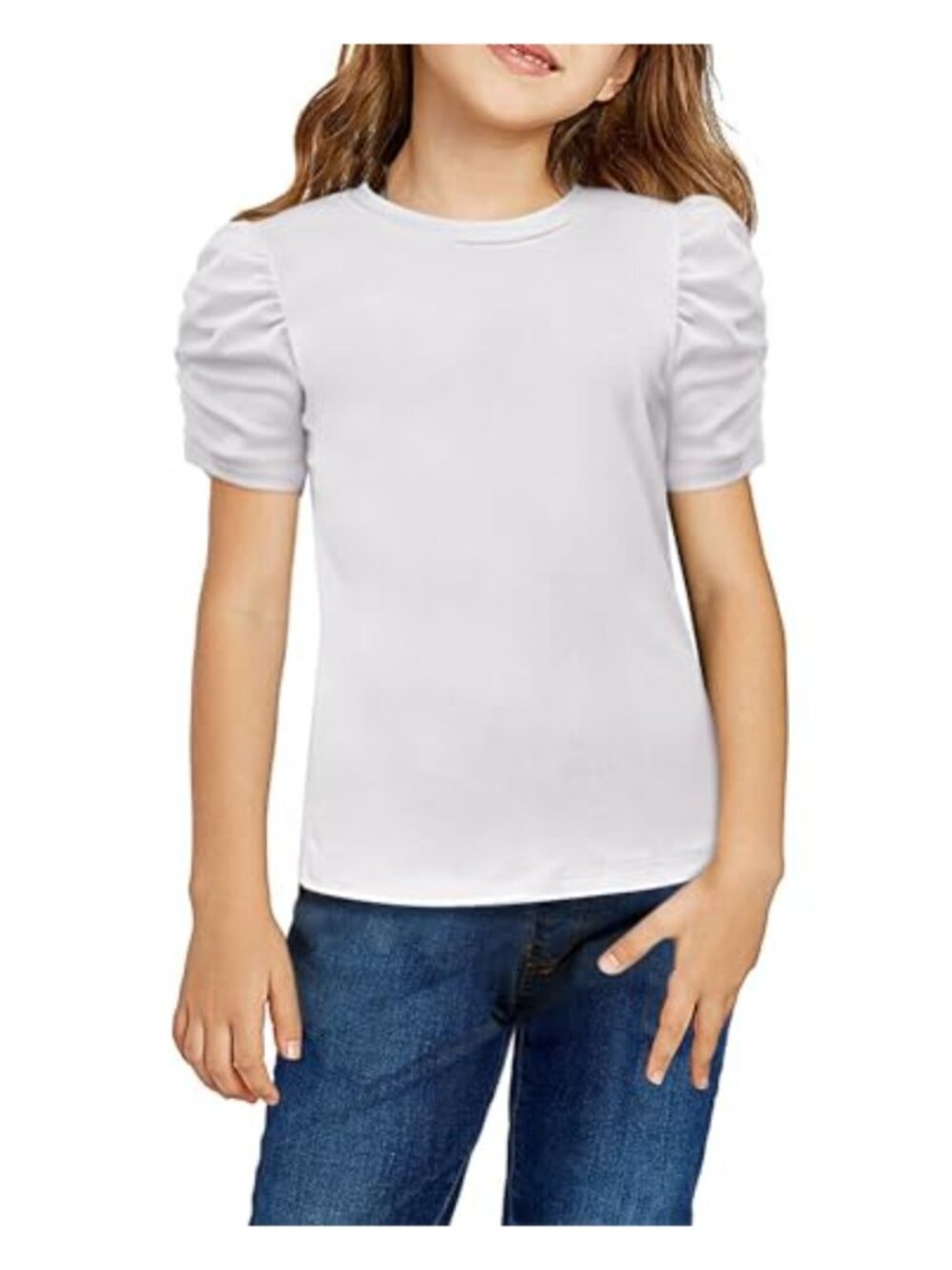 Puff Short Sleeve Ribbed Knit Crewneck T Shirt Tee Blouse for Girls